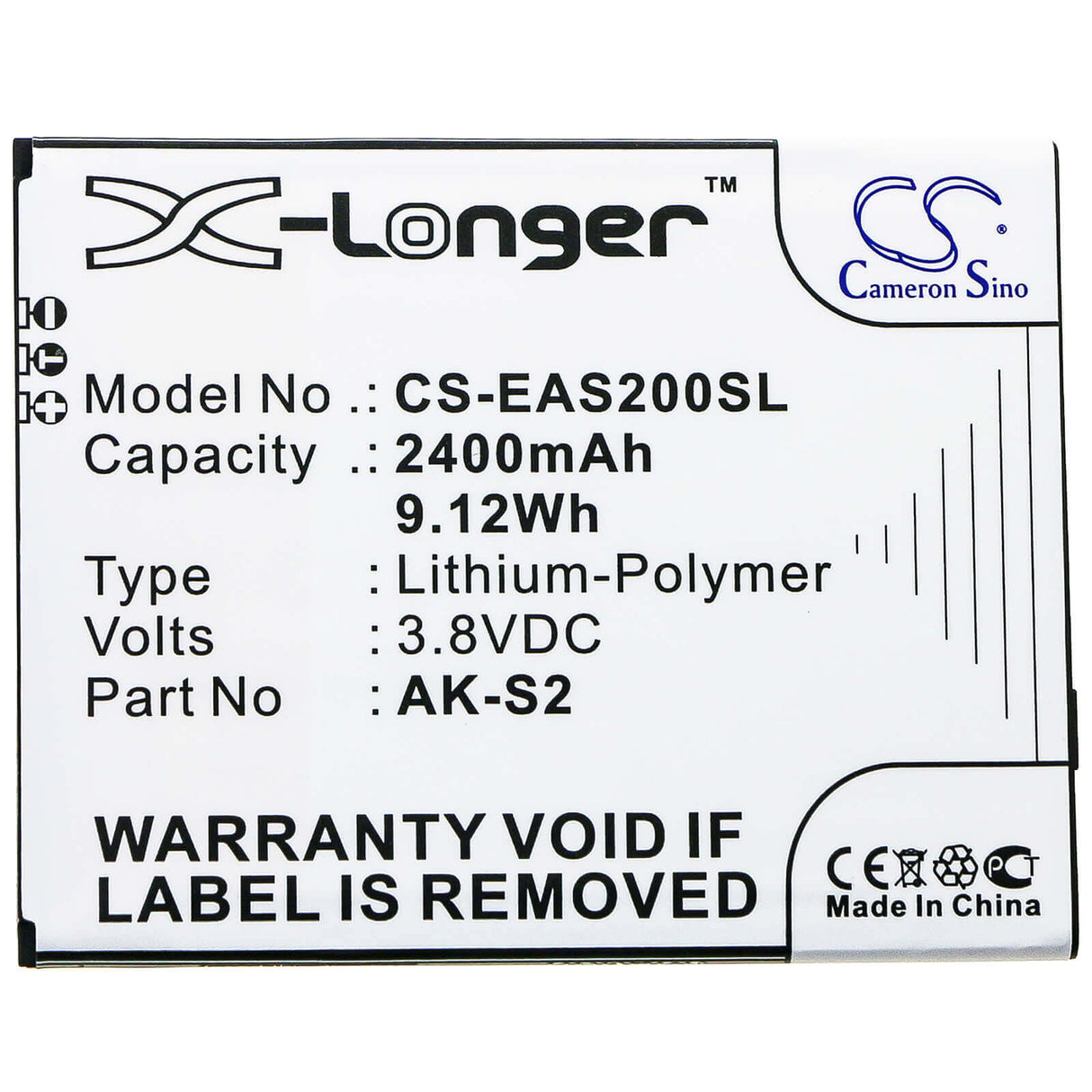 3.8V, Li-Polymer, 2400mAh, SmartPhone battery fits Emporia, Ak-s2, Smart 2, 9.12Wh Mobile, SmartPhone Cameron Sino Technology Limited (Smartphone)