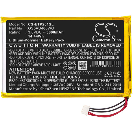 3.8V, Li-Polymer, 3800mAh, Tablet battery fits Enspert, Os5au400wo, Esp E201u, Identity 7, 14.44Wh Tablet Cameron Sino Technology Limited