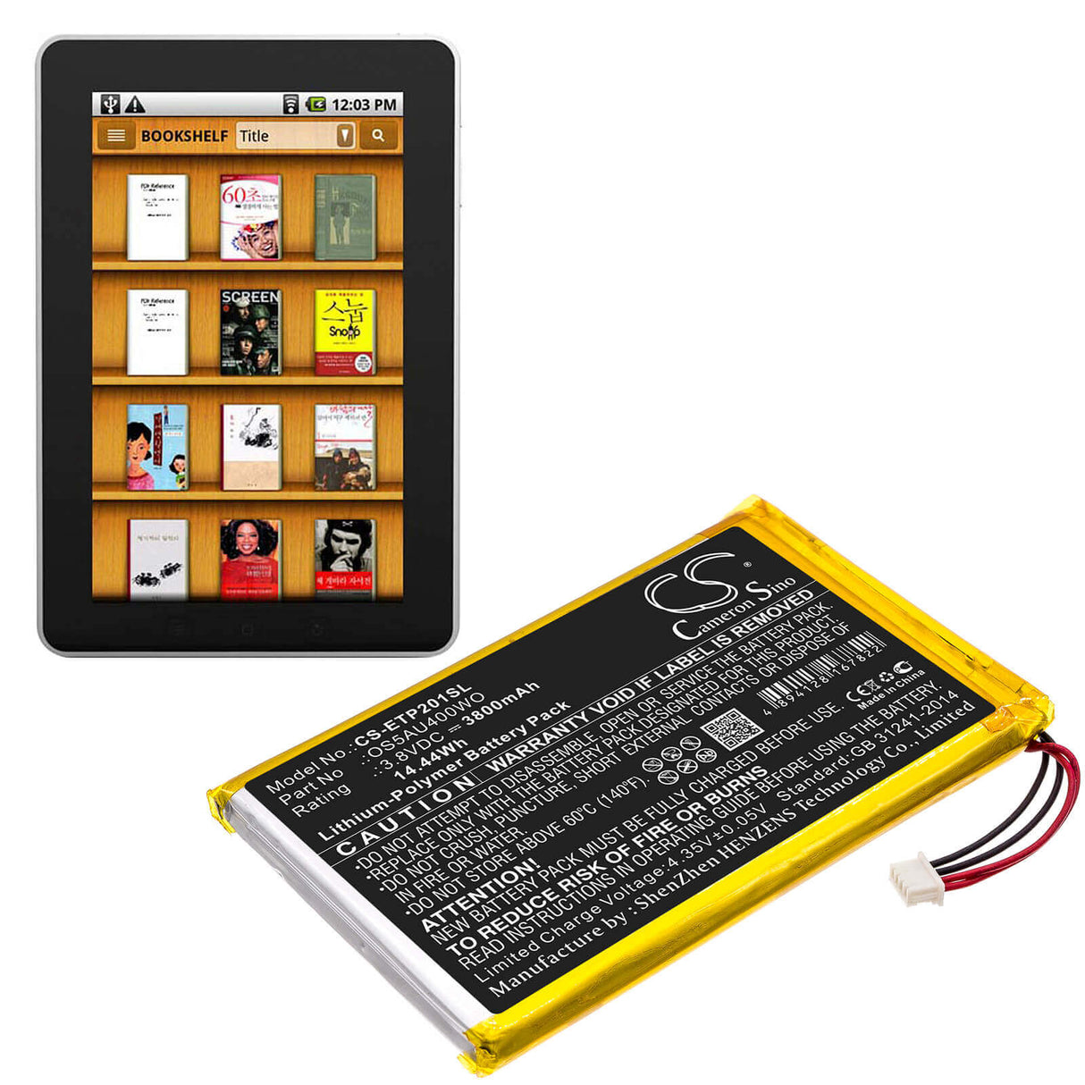 3.8V, Li-Polymer, 3800mAh, Tablet battery fits Enspert, Os5au400wo, Esp E201u, Identity 7, 14.44Wh Tablet Cameron Sino Technology Limited