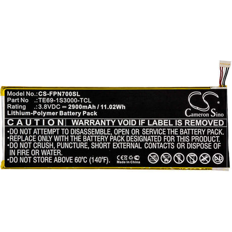 3.8V, Li-Polymer, 2900mAh, Tablet battery fits Fisherprice, Te69-1s3000-tcl, Nabi 7, Nbfp07mkg, 11.02Wh Tablet Cameron Sino Technology Limited (Suspended)