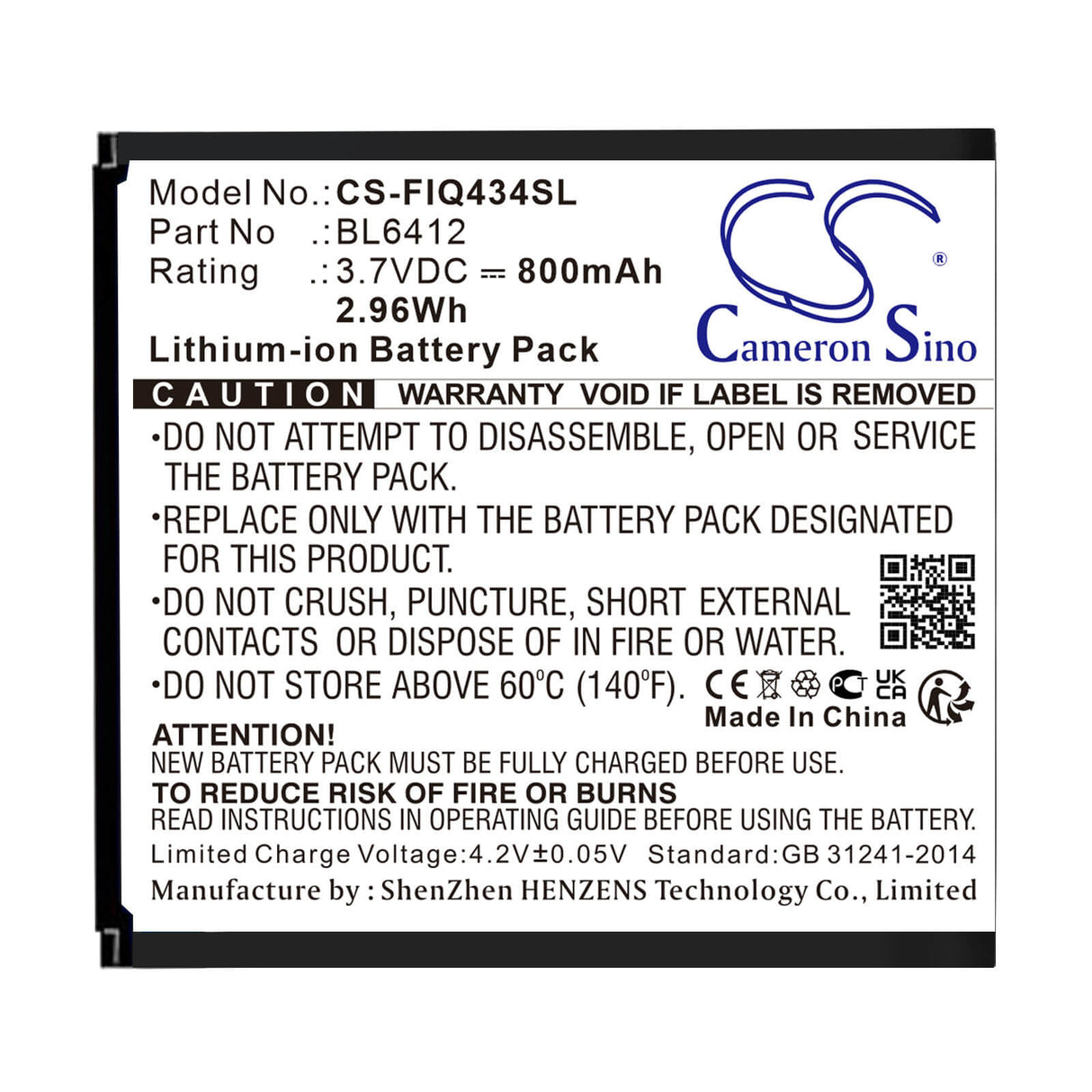 3.7V, Li-ion, 800mAh, SmartPhone battery fits Fly, Bl6412, Era Nano 5, Iq434, 2.96Wh Mobile, SmartPhone Cameron Sino Technology Limited (Smartphone)