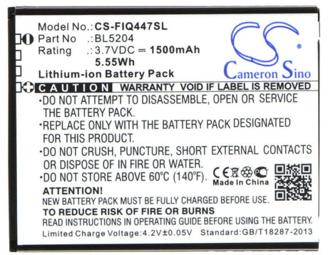 3.7V, Li-ion, 1500mAh, SmartPhone battery fits Fly, Bl5204, Era Life 1, Iq447, 5.55Wh Mobile, SmartPhone Cameron Sino Technology Limited (Smartphone)