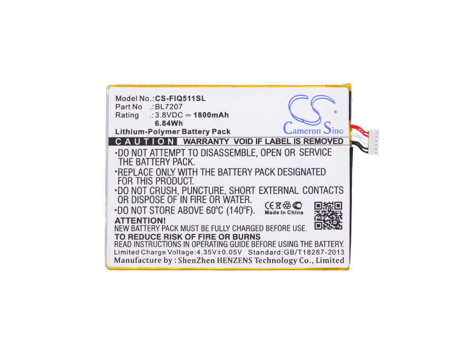 3.8V, Li-Polymer, 1800mAh, SmartPhone battery fits Fly, Bl7207, Iq4511 Octa, Tornado One, 6.84Wh Mobile, SmartPhone Cameron Sino Technology Limited (Smartphone)