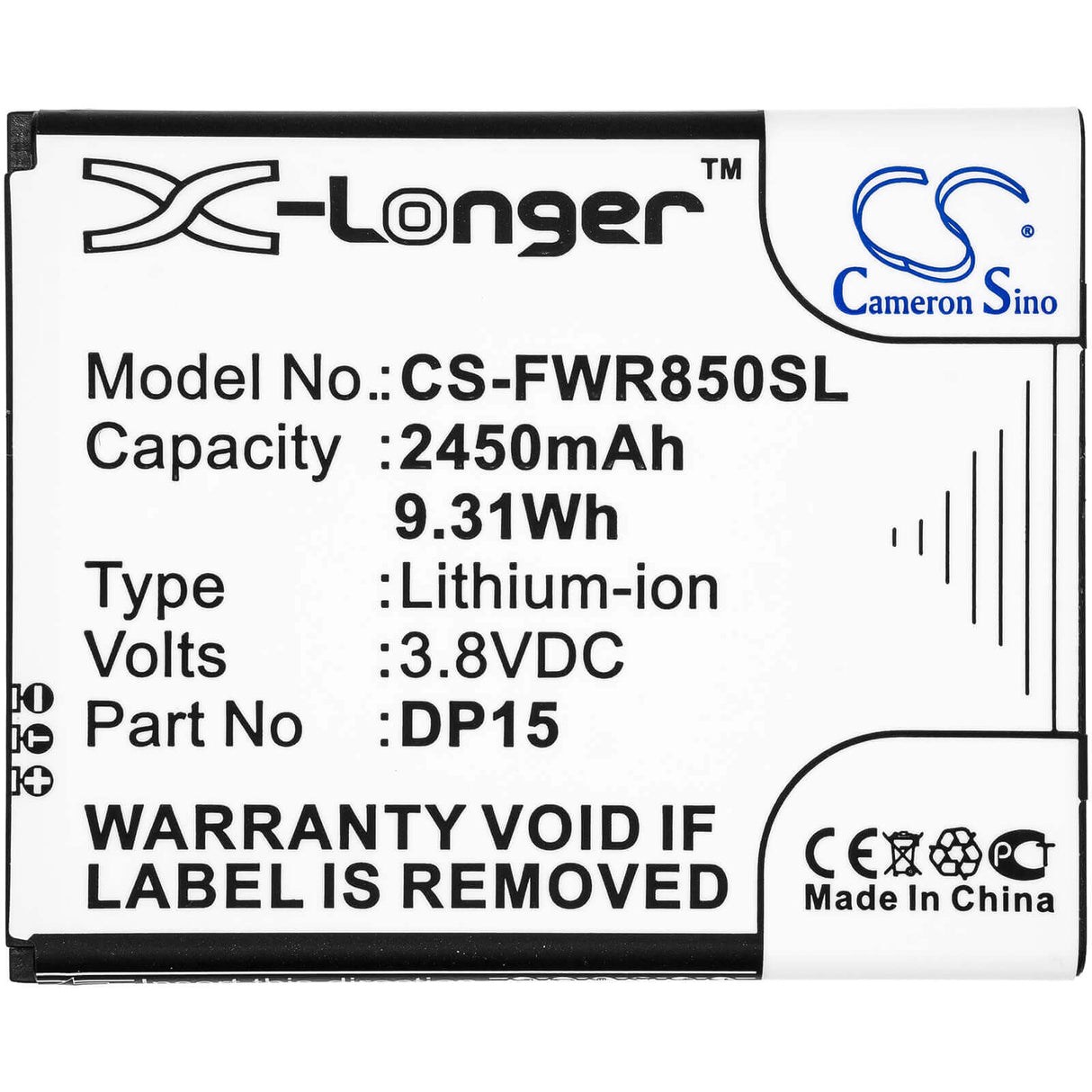 3.8V, Li-ion, 2450mAh, Hotspot battery fits T-mobile, Franklin Wireless, Dp15, R717, R850, 9.31Wh Hotspot Cameron Sino Technology Limited