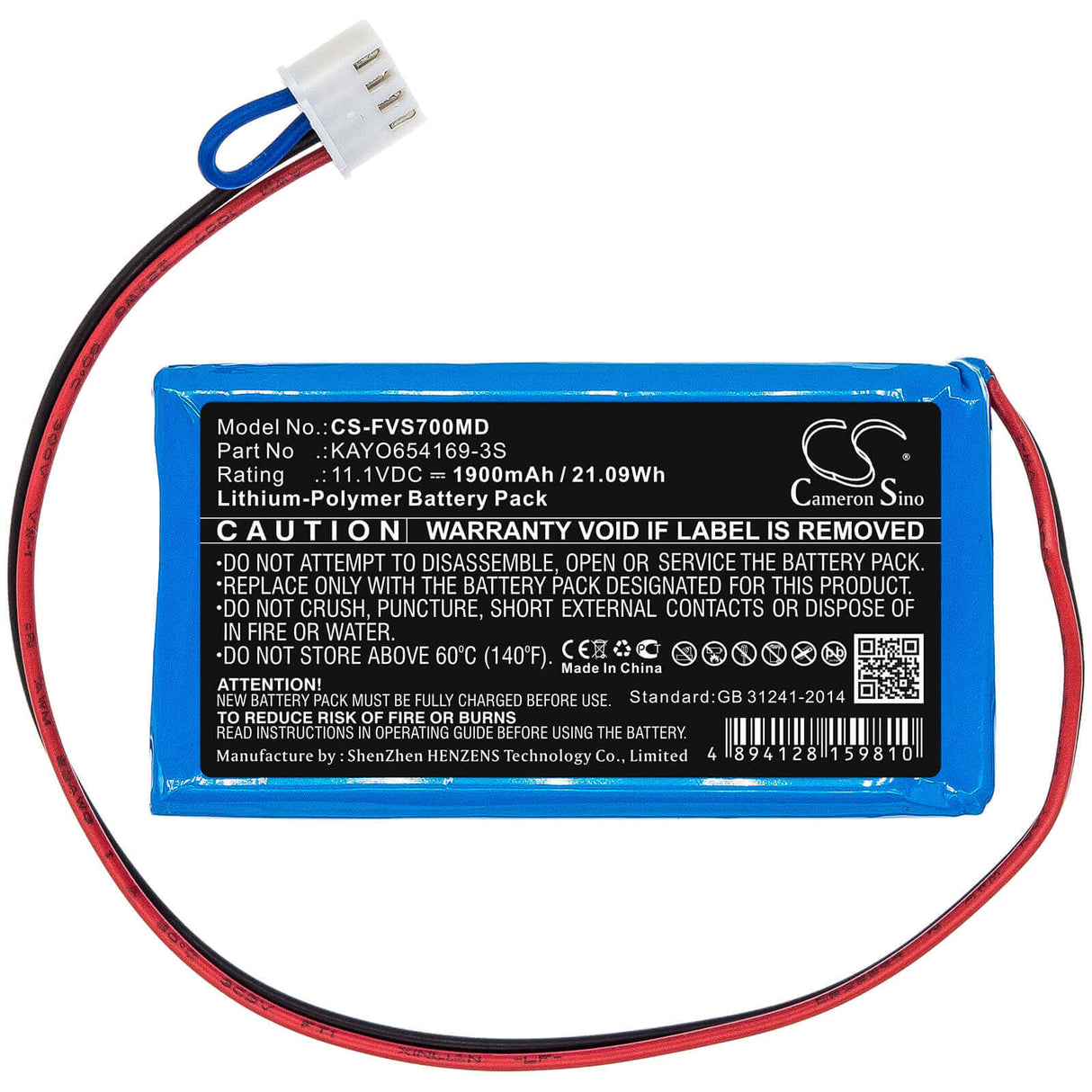 11.1V, Li-Polymer, 1900mAh, Medical battery fits Fresenius, Kayo654169-3s, Sp7, Sp7 Syringe Pumps, 21.09Wh Medical Cameron Sino Technology Limited (Medical)