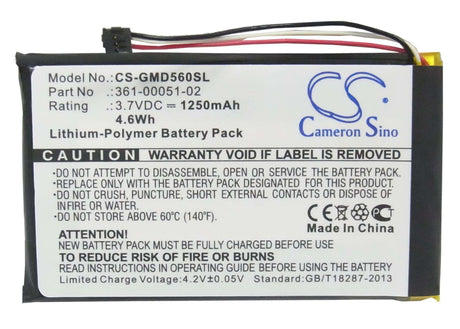 3.7V, Li-Polymer, 1250mAh, GPS battery fits Garmin, 361-00051-02, Dezl 560, Dezl 560lmt, 4.63Wh GPS, Navigator Cameron Sino Technology Limited