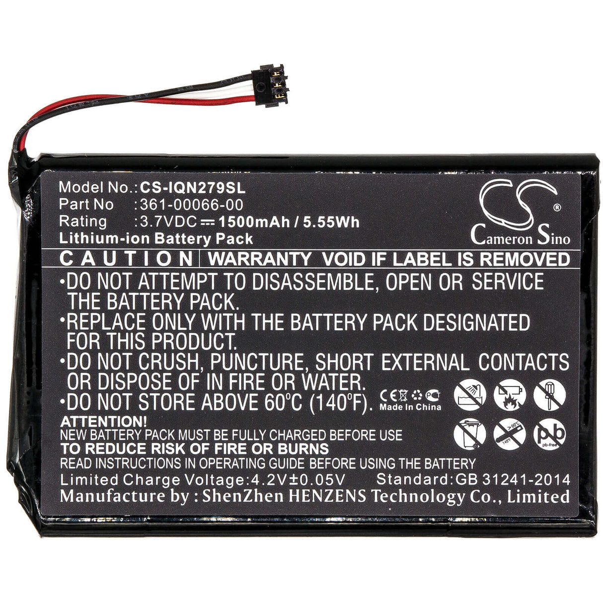 3.7V, Li-ion, 1500mAh, GPS battery fits Garmin, 361-00066-00, 2689lmt 6-inch, Dezl 760lmt, 5.55Wh GPS, Navigator Cameron Sino Technology Limited