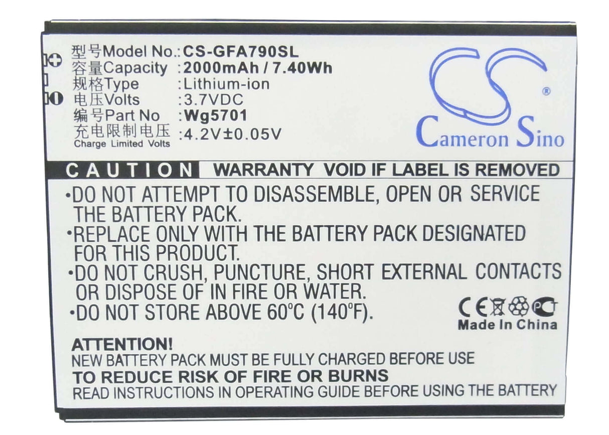 3.7V, Li-ion, 2000mAh, SmartPhone battery fits Gfive, Wg5701, A79+, G7, 7.4Wh Mobile, SmartPhone Cameron Sino Technology Limited (Smartphone)