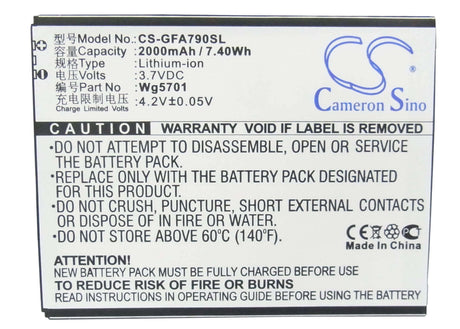 3.7V, Li-ion, 2000mAh, SmartPhone battery fits Gfive, Wg5701, A79+, G7, 7.4Wh Mobile, SmartPhone Cameron Sino Technology Limited (Smartphone)
