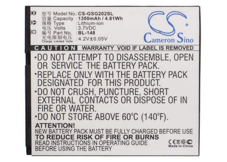 3.7V, Li-ion, 1300mAh, SmartPhone battery fits Gigabyte, Gsmart, Bl-148, Gsmart Gs202, 4.81Wh Mobile, SmartPhone Cameron Sino Technology Limited (Smartphone)
