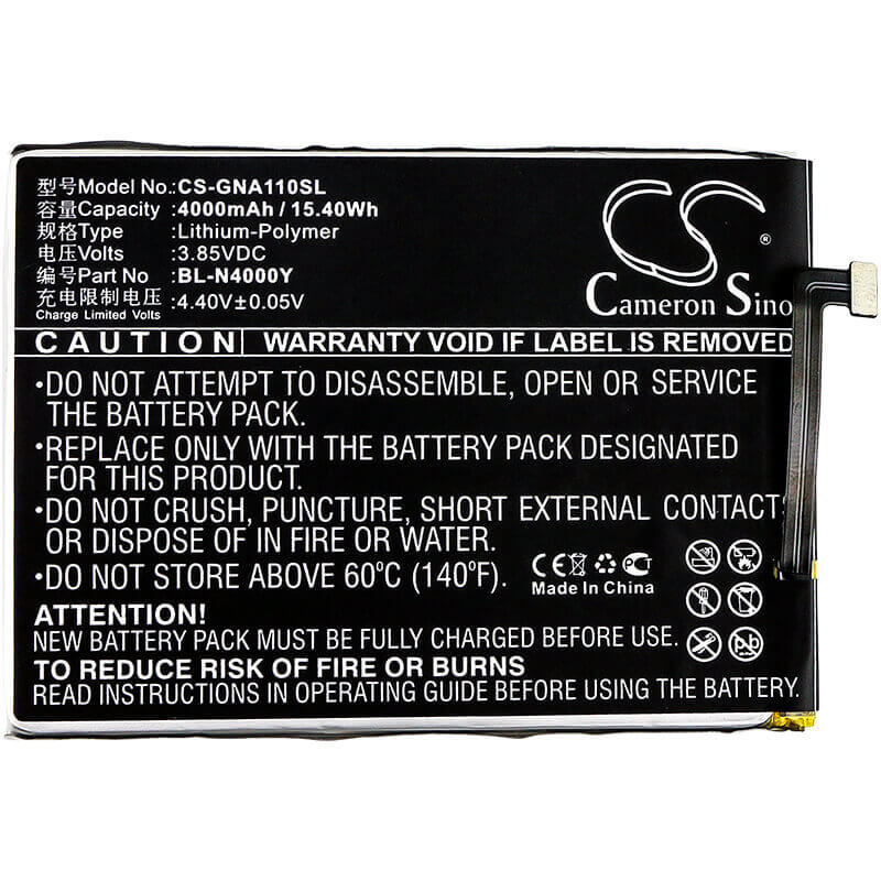 3.85V, Li-Polymer, 4000mAh, SmartPhone battery fits Gionee, Bl-n4000y, A1 Lite, A1 Lite Dual Sim, 15.4Wh Mobile, SmartPhone Cameron Sino Technology Limited (Smartphone)