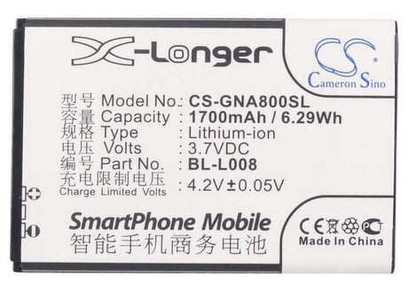 3.7V, Li-ion, 1700mAh, SmartPhone battery fits Gionee, Bl-l008, A800, 6.29Wh Mobile, SmartPhone Cameron Sino Technology Limited (Suspended)