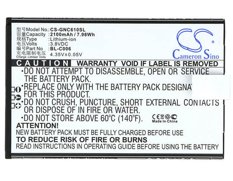 3.8V, Li-ion, 2100mAh, SmartPhone battery fits Gionee, Bl-c006, C610, 7.98Wh Mobile, SmartPhone Cameron Sino Technology Limited (Suspended)