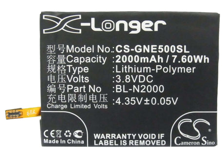 3.8V, Li-Polymer, 2000mAh, SmartPhone battery fits Gionee, Bl-n2000, E5, Elife E5, 7.6Wh Mobile, SmartPhone Cameron Sino Technology Limited (Suspended)