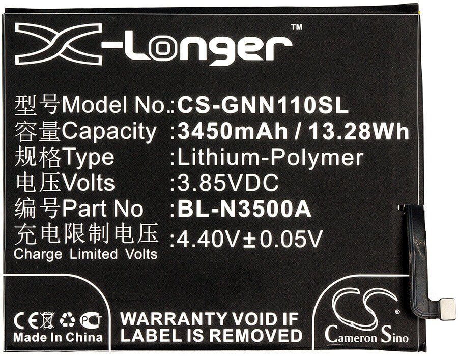 3.85V, Li-Polymer, 3450mAh, SmartPhone battery fits Gionee, Bl-n3500a, Elife S10, Elife S10 Dual Sim, 13.28Wh Mobile, SmartPhone Cameron Sino Technology Limited (Smartphone)