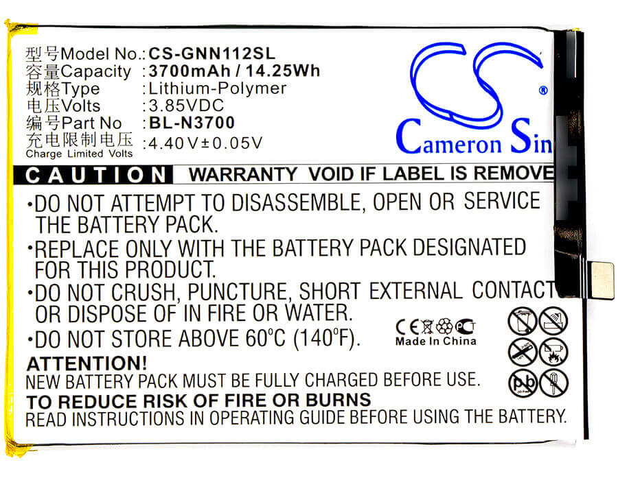 3.85V, Li-Polymer, 3700mAh, SmartPhone battery fits Gionee, Bl-n3700, Elife S10b, Elife S10b Dual Sim, 14.25Wh Mobile, SmartPhone Cameron Sino Technology Limited (Suspended)