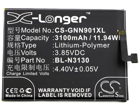3.85V, Li-Polymer, 3100mAh, SmartPhone battery fits Gionee, Bl-n3130, Elife S6 Pro, Elife S6 Pro Dual Sim Td-lte I, 11.94Wh Mobile, SmartPhone Cameron Sino Technology Limited (Smartphone)