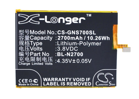 3.8V, Li-Polymer, 2700mAh, SmartPhone battery fits Gionee, Bl-n2700, Elife S7, Gn9006, 10.26Wh Mobile, SmartPhone Cameron Sino Technology Limited (Suspended)