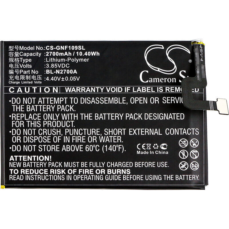 3.85V, Li-Polymer, 2700mAh, SmartPhone battery fits Gionee, Bl-n2700a, F109, F109l, 10.4Wh Mobile, SmartPhone Cameron Sino Technology Limited (Suspended)