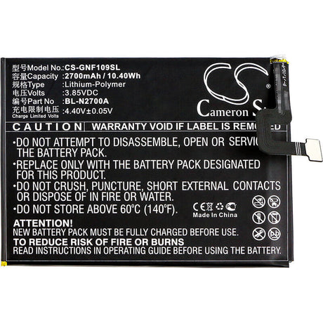3.85V, Li-Polymer, 2700mAh, SmartPhone battery fits Gionee, Bl-n2700a, F109, F109l, 10.4Wh Mobile, SmartPhone Cameron Sino Technology Limited (Suspended)