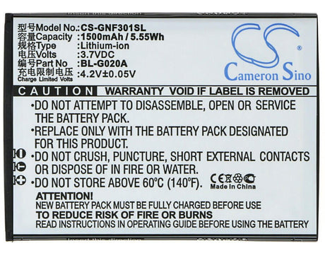 3.7V, Li-ion, 1500mAh, SmartPhone battery fits Gionee, Bl-g020a, F301, 5.55Wh Mobile, SmartPhone Cameron Sino Technology Limited (Smartphone)