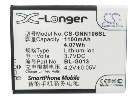 3.7V, Li-ion, 1100mAh, SmartPhone battery fits Gionee, Bl-g013, Gn106, Gn109, 4.07Wh Mobile, SmartPhone Cameron Sino Technology Limited (Suspended)