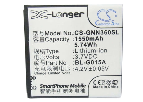 3.7V, Li-ion, 1550mAh, SmartPhone battery fits Gionee, Bl-g015a, Gn108, Gn205h, 5.74Wh Mobile, SmartPhone Cameron Sino Technology Limited (Suspended)