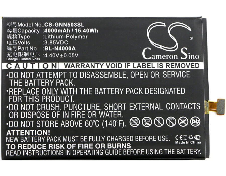 3.85V, Li-Polymer, 4000mAh, SmartPhone battery fits Gionee, Bl-n4000a, Gn5003, Gn5003s, 15.4Wh Mobile, SmartPhone Cameron Sino Technology Limited (Smartphone)