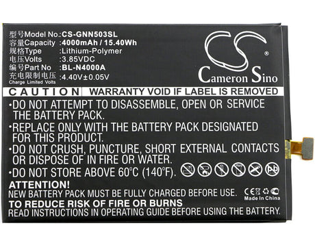 3.85V, Li-Polymer, 4000mAh, SmartPhone battery fits Gionee, Bl-n4000a, Gn5003, Gn5003s, 15.4Wh Mobile, SmartPhone Cameron Sino Technology Limited (Smartphone)