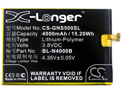 3.8V, Li-Polymer, 4000mAh, SmartPhone battery fits Gionee, Bl-n4000b, Gn5005, Gn5005 Steel 2 Dual Sim, 15.2Wh Mobile, SmartPhone Cameron Sino Technology Limited (Suspended)