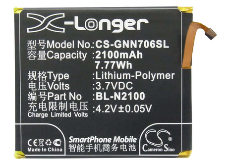 3.7V, Li-Polymer, 2100mAh, SmartPhone battery fits Gionee, Bl-n2100, Gn706, Gn706l, 7.77Wh Mobile, SmartPhone Cameron Sino Technology Limited (Smartphone)