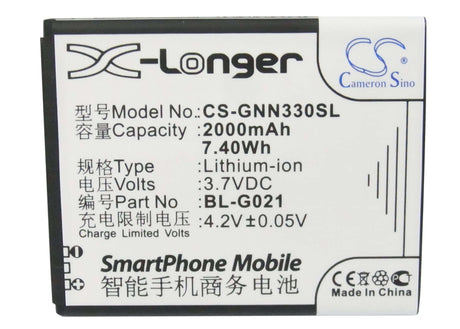 3.7V, Li-ion, 2000mAh, SmartPhone battery fits Gionee, Bl-g021, Gn330, Gn777, 7.4Wh Mobile, SmartPhone Cameron Sino Technology Limited (Suspended)