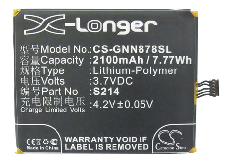 3.7V, Li-Polymer, 2100mAh, SmartPhone battery fits Gionee, S214, Gn878, 7.77Wh Mobile, SmartPhone Cameron Sino Technology Limited (Smartphone)