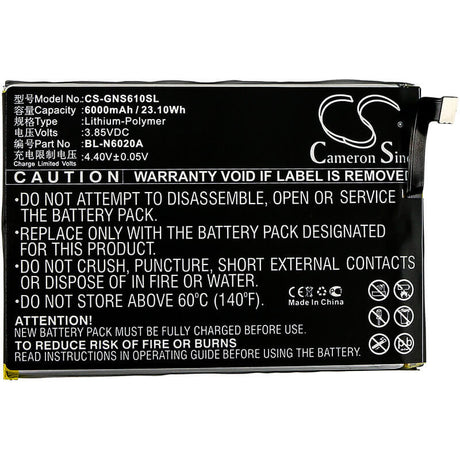 3.85V, Li-Polymer, 6000mAh, SmartPhone battery fits Gionee, Bl-n6020a, M6s Plus, 23.1Wh Mobile, SmartPhone Cameron Sino Technology Limited (Smartphone)
