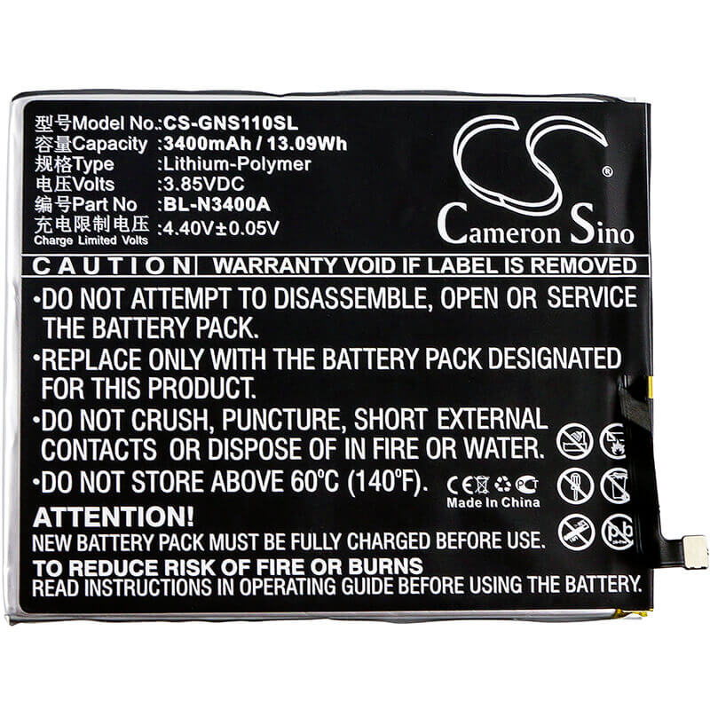 3.85V, Li-Polymer, 3400mAh, SmartPhone battery fits Gionee, Bl-n3400a, S11, S11 Dual Sim, 13.09Wh Mobile, SmartPhone Cameron Sino Technology Limited (Smartphone)
