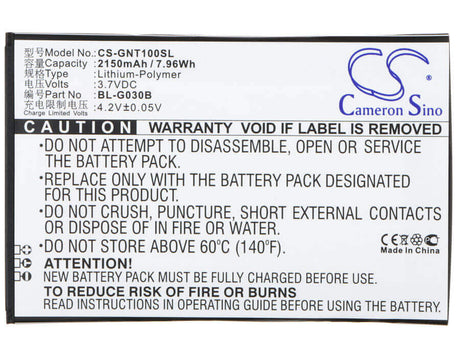 3.7V, Li-Polymer, 2150mAh, SmartPhone battery fits Gionee, Bl-g030b, T1, Tianjian T1, 7.96Wh Mobile, SmartPhone Cameron Sino Technology Limited (Suspended)