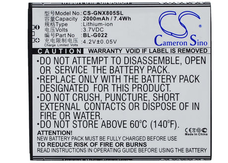 3.7V, Li-ion, 2000mAh, SmartPhone battery fits Gionee, Bl-g022, X805, 7.4Wh Mobile, SmartPhone Cameron Sino Technology Limited (Smartphone)
