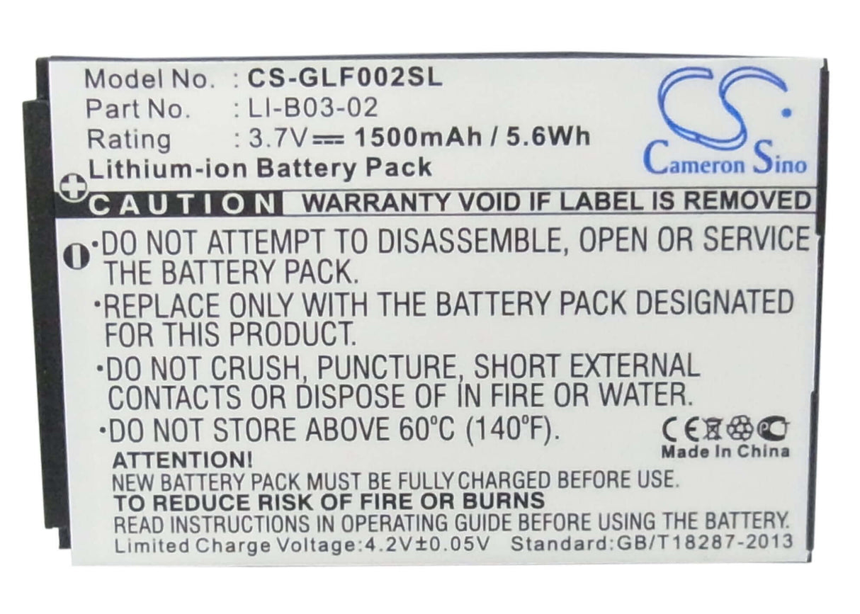 3.7V, Li-ion, 1500mAh, GPS battery fits Golf Buddy, Li-b03-02, Gb3, Platinum, 5.55Wh GPS, Navigator Cameron Sino Technology Limited