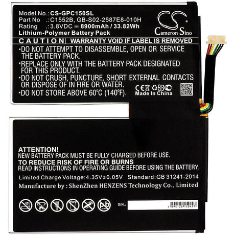 3.8V, Li-Polymer, 8900mAh, Tablet battery fits Google, C1552b, C1502w, C1552b, 33.82Wh Tablet Cameron Sino Technology Limited