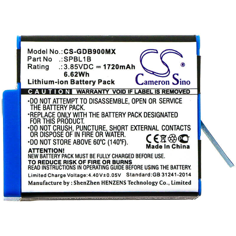 3.85V, Li-ion, 1720mAh, Camera battery fits Gopro, Adbat-001, Ahdbt-901, Hero 10, 6.622Wh Camera Cameron Sino Technology Limited (Camera)
