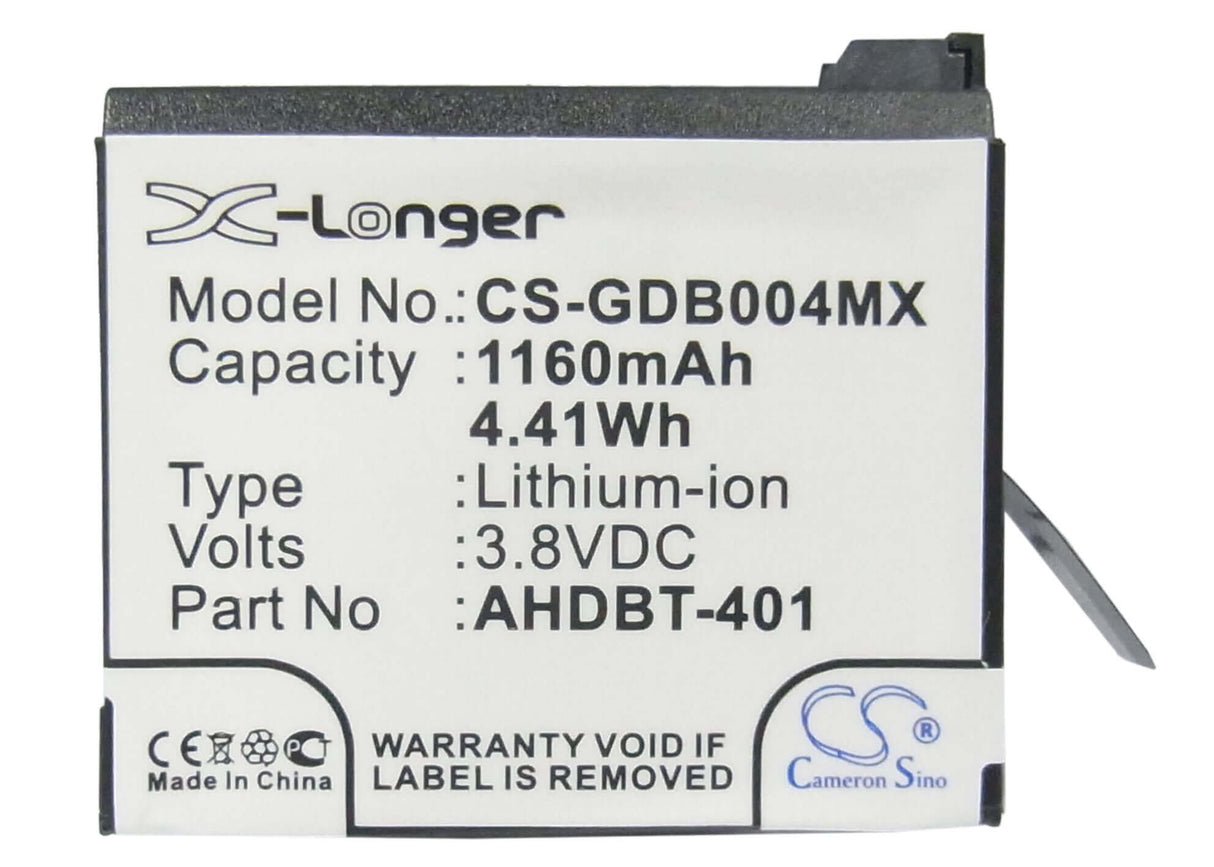3.8V, Li-ion, 1160mAh, Camera battery fits Gopro, 335-06532-000, Hero 4, Hero 4 Black, 4.408Wh Camera Cameron Sino Technology Limited (Camera)