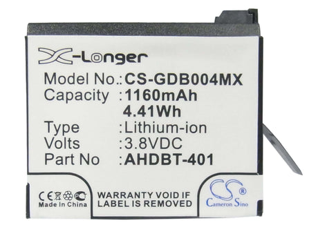 3.8V, Li-ion, 1160mAh, Camera battery fits Gopro, 335-06532-000, Hero 4, Hero 4 Black, 4.408Wh Camera Cameron Sino Technology Limited (Camera)