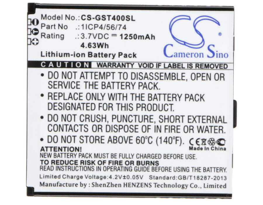 3.7V, Li-ion, 1250mAh, SmartPhone battery fits Gsmart, 1icp4/56/74, T4, T4 Lite, 4.63Wh Mobile, SmartPhone Cameron Sino Technology Limited (Smartphone)