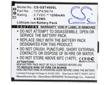 3.7V, Li-ion, 1250mAh, SmartPhone battery fits Gsmart, 1icp4/56/74, T4, T4 Lite, 4.63Wh Mobile, SmartPhone Cameron Sino Technology Limited (Smartphone)