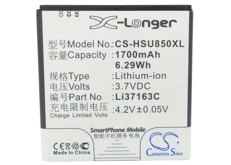 3.7V, Li-ion, 1700mAh, SmartPhone battery fits Hisense, Li37163c, Eg870, Eg876, 6.29Wh Mobile, SmartPhone Cameron Sino Technology Limited (Suspended)