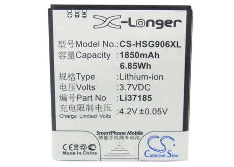 3.7V, Li-ion, 1850mAh, SmartPhone battery fits Hisense, Li37185, Hs-eg906, 6.85Wh Mobile, SmartPhone Cameron Sino Technology Limited (Suspended)