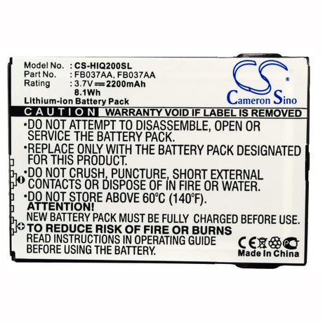 3.7V, Li-ion, 2200mAh, PDA battery fits Hp, 410814-001, Ipaq 200, Ipaq 210, 8.14Wh PDA, Pocket PC Cameron Sino Technology Limited