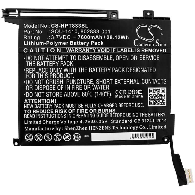 3.7V, Li-Polymer, 7600mAh, Tablet battery fits Hp, 802833-001, M5h12ua, Pro Slate 10 Ee G1, 28.12Wh Tablet Cameron Sino Technology Limited