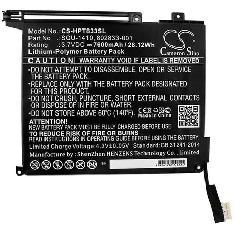 3.7V, Li-Polymer, 7600mAh, Tablet battery fits Hp, 802833-001, M5h12ua, Pro Slate 10 Ee G1, 28.12Wh Tablet Cameron Sino Technology Limited