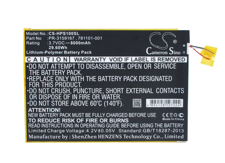 3.7V, Li-Polymer, 8000mAh, Tablet battery fits Hp, 781101-001, 2201, Slate 10 Plus, 29.60Wh Tablet Cameron Sino Technology Limited